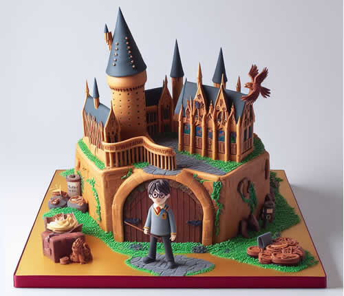 Bolo confeitado tema Harry Potter com pasta americana e detalhes dourados
